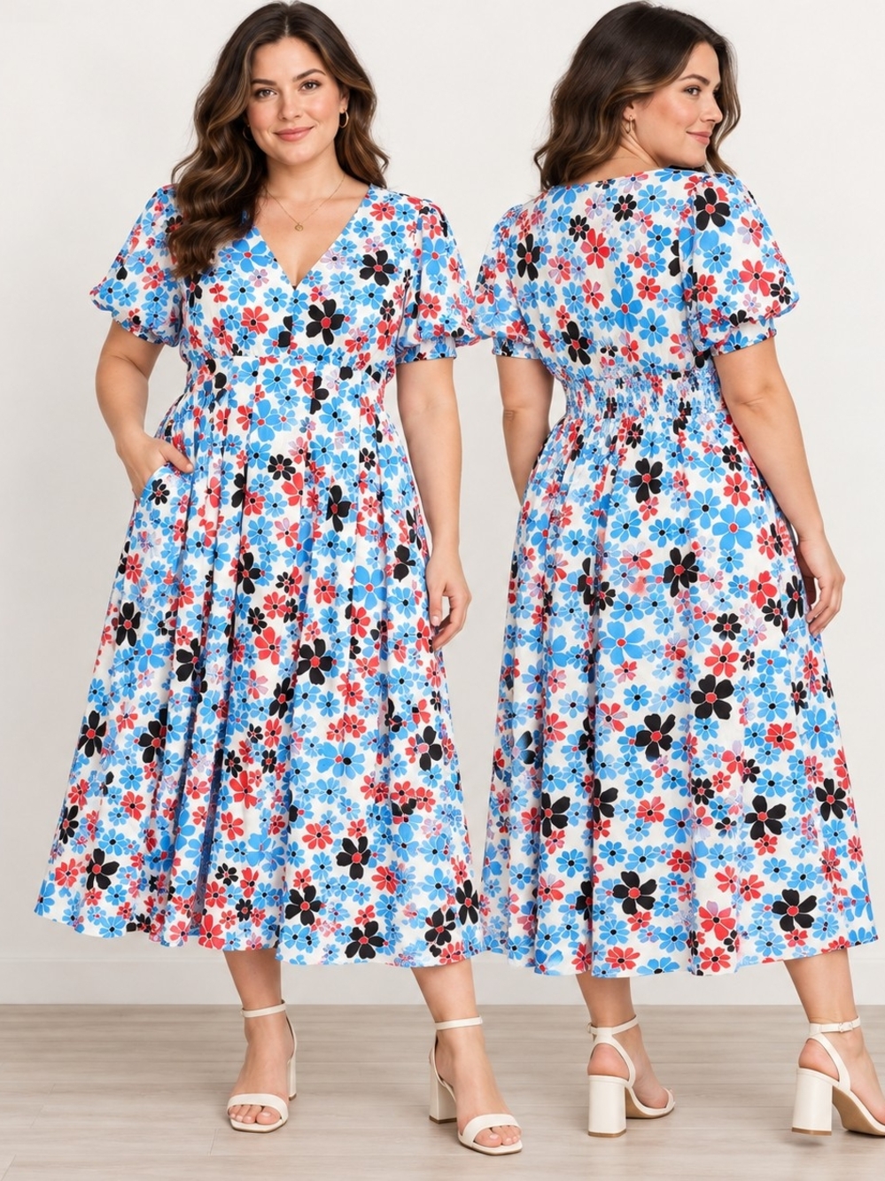 Sissyaki XL Floral Midi Dress Contemporary Retro Floral Cottagecore Puff Sleeve